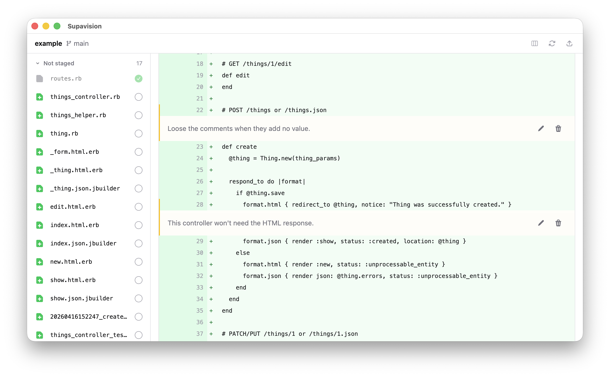 Supavision reviewing a Rails diff, with inline annotations on a controller.